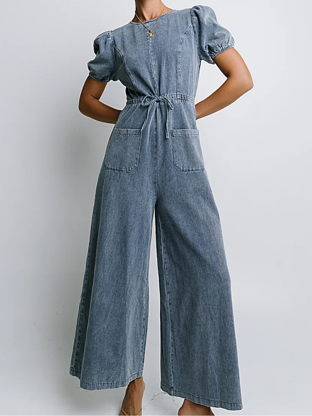 BOHME Rory Denim Light weight Jumpsuit Wide Leg and Pockets Puff Sleeve Size XS